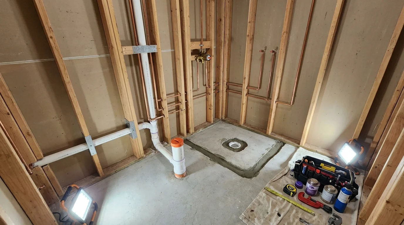 Bathroom rough-in plumbing during remodel by Johns Plumbing LLC in Edcouch