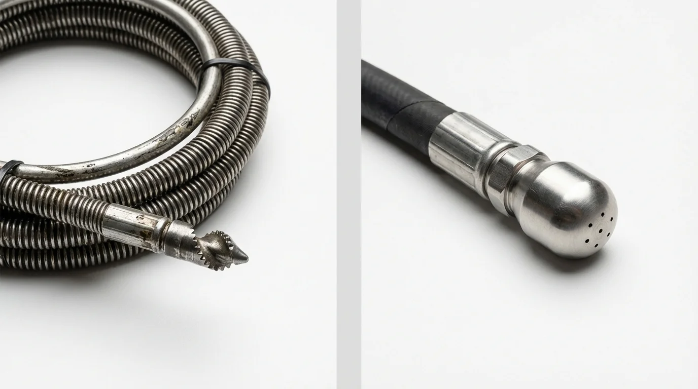 Drain snake cable and hydro jetting nozzle used for drain cleaning in Edcouch, TX