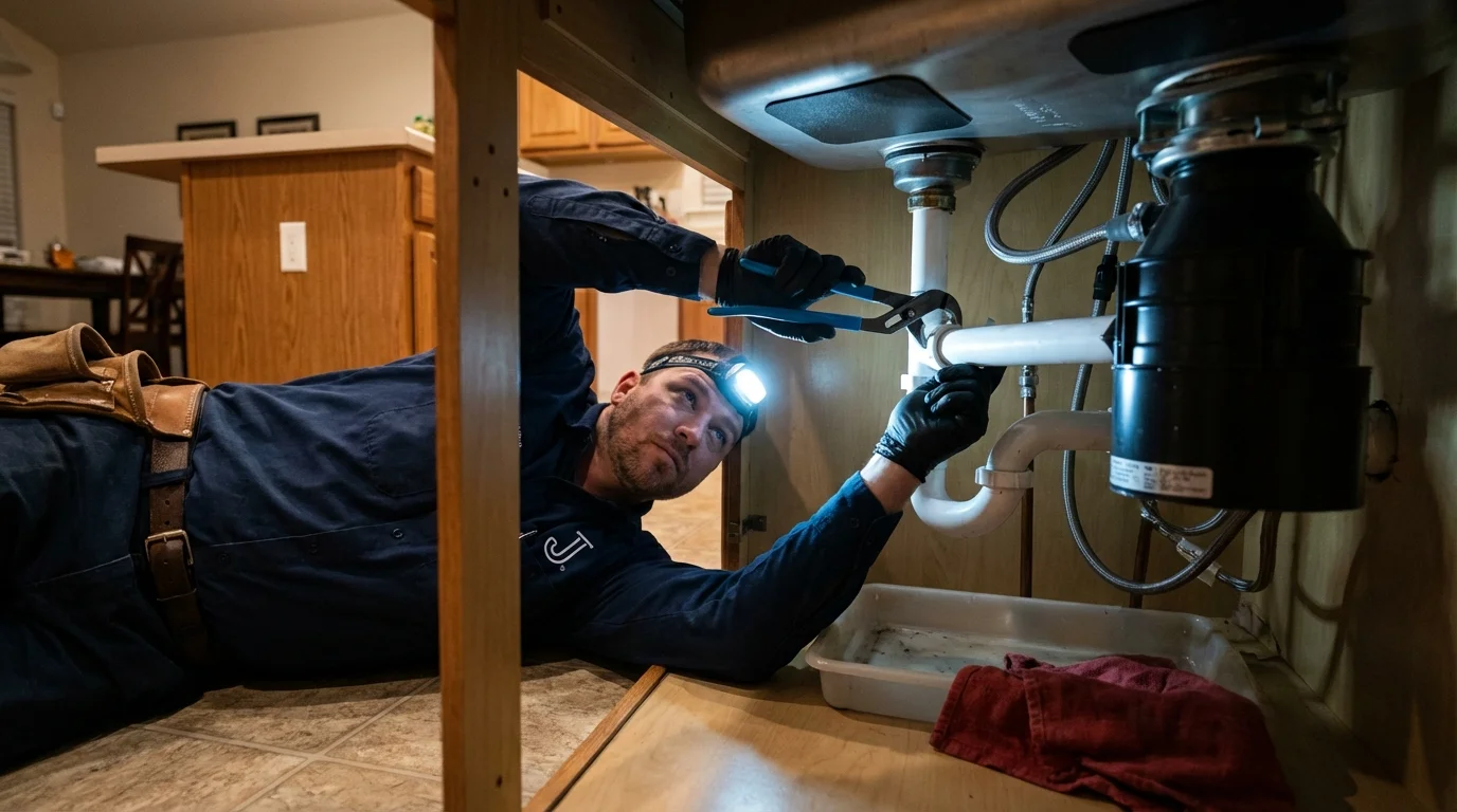 P-trap and supply line connections under a kitchen sink showing a common leak point in Edcouch, TX